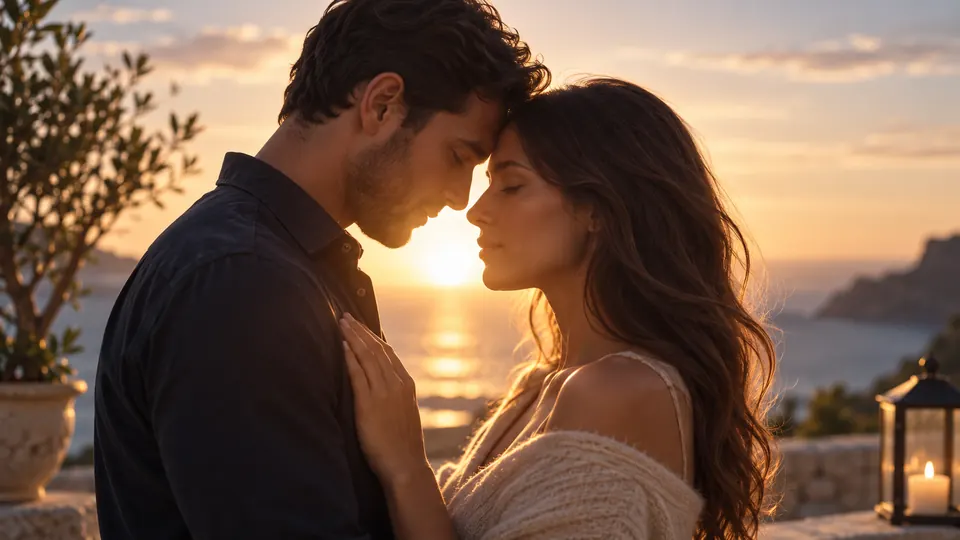 Un couple enlacé face à la mer au coucher du soleil